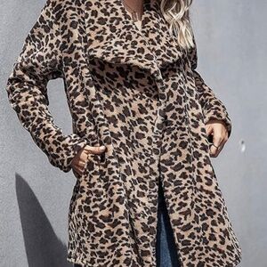 ChouYatou Women's Warm Open Front Faux Fur Lapel Leopard Print Jacket Overcoat